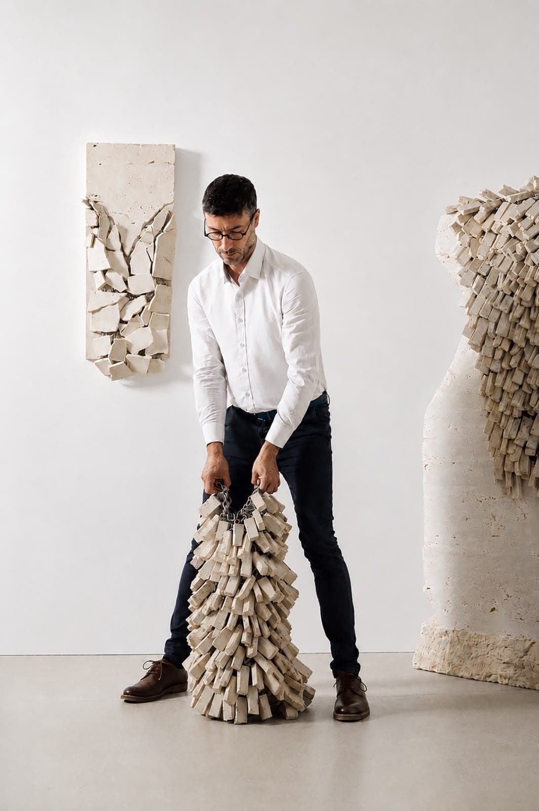 In the studio, a cluster of travertine shards strung on chain.